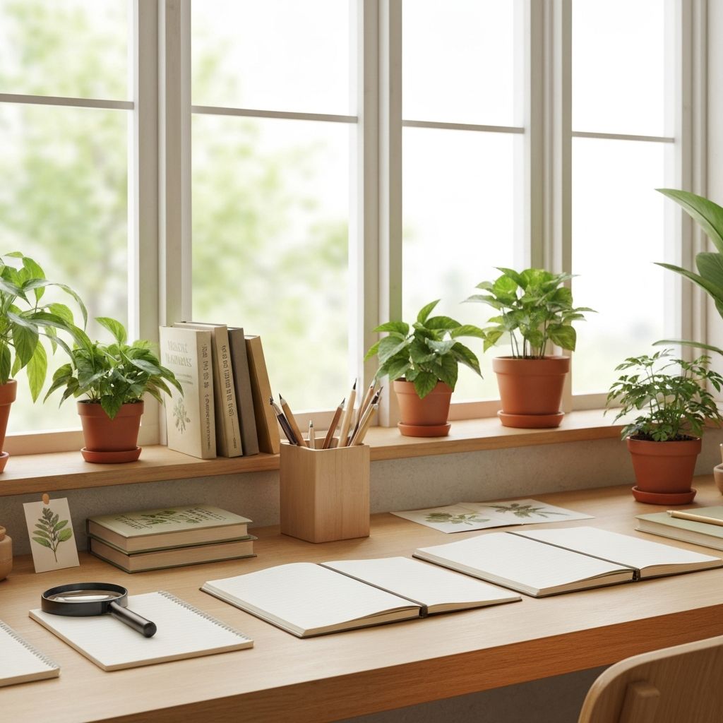 Educational workspace with natural wellness materials